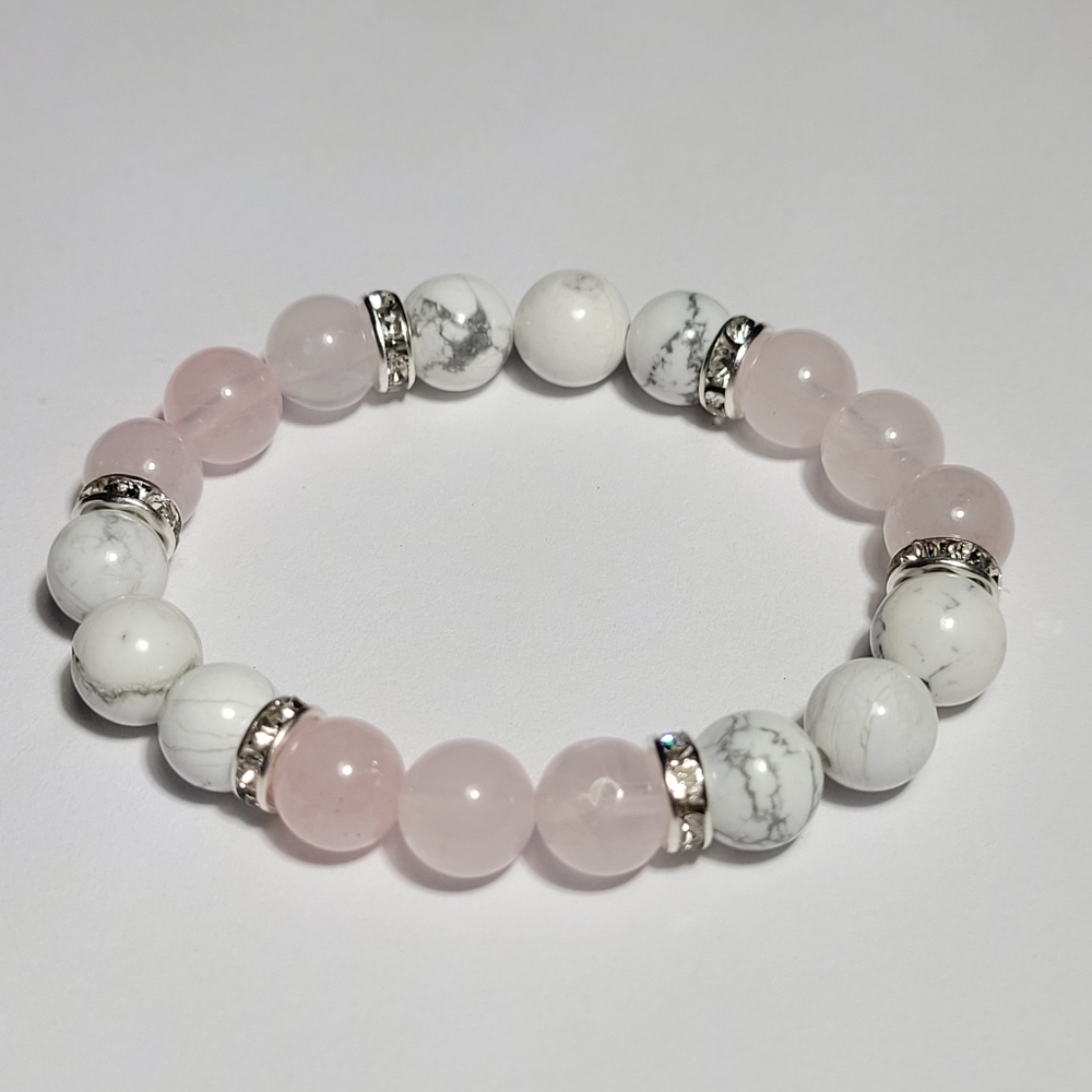 Natural Rose Quartz & Howlite Crystal Beaded Bracelet 8mm 6.5" Small